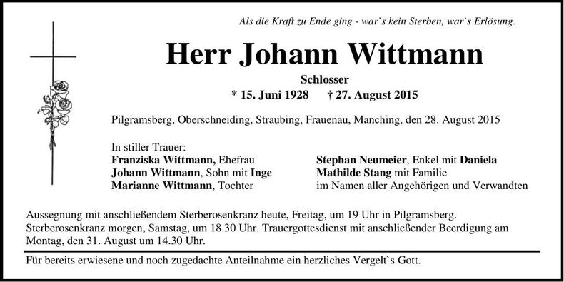Traueranzeige Johann Wittmann