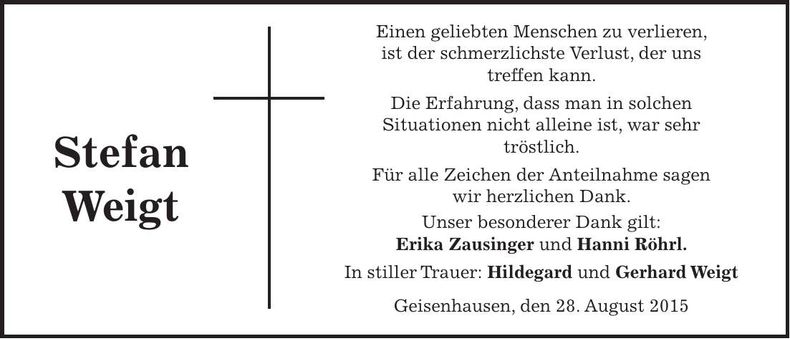 Traueranzeige Stefan Weigt