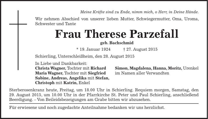 Traueranzeige Therese Parzefall