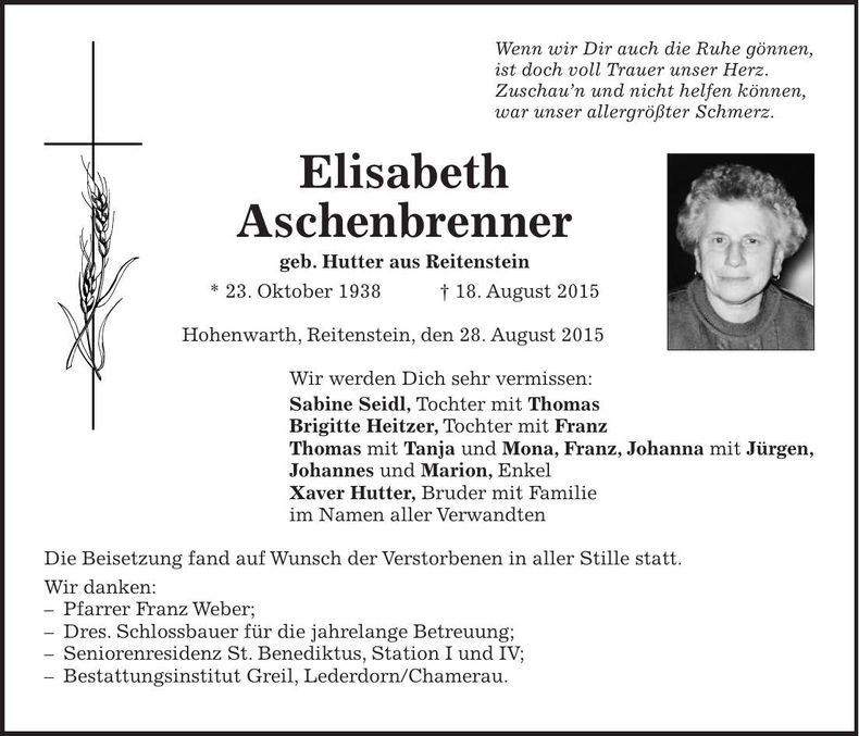 Traueranzeige Elisabeth Aschenbrenner