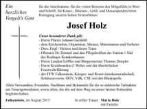 Traueranzeige Josef Holz