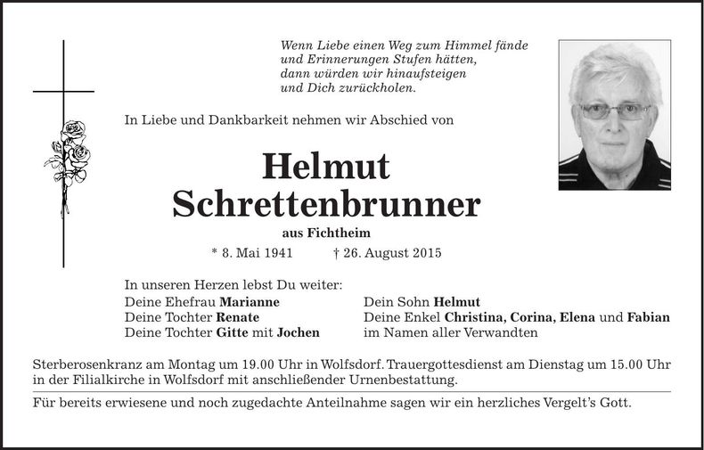 Traueranzeige Helmut Schrettenbrunner