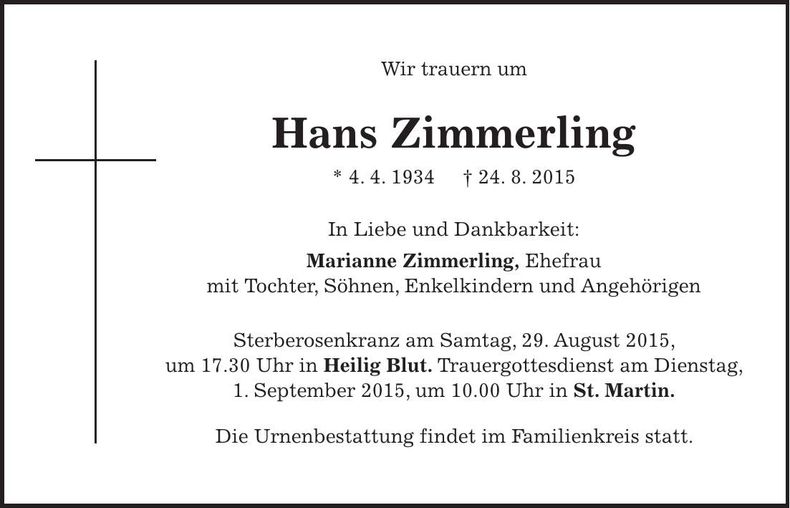 Traueranzeige Hans Zimmerling