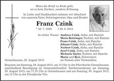 Traueranzeige Franz Czink