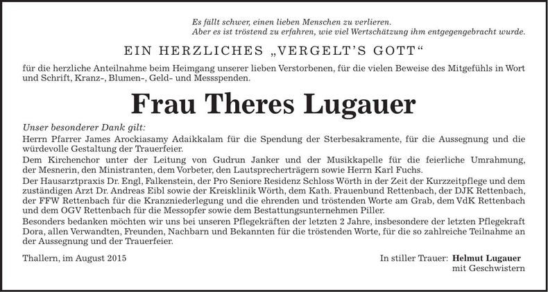 Traueranzeige Theres Lugauer