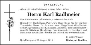 Traueranzeige Karl Radlmeier