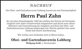 Traueranzeige Paul Zahn