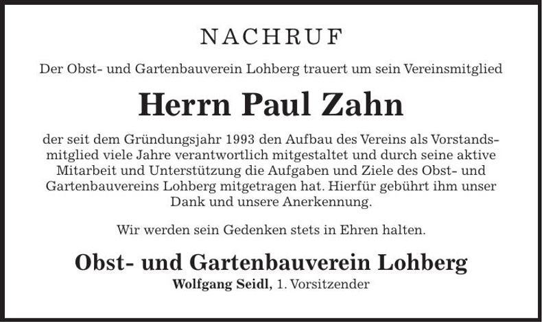 Traueranzeige Paul Zahn