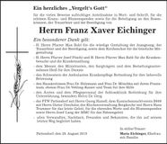 Traueranzeige Franz Xaver Eichinger