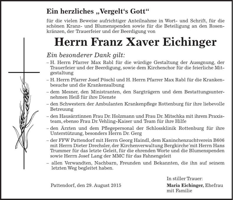 Traueranzeige Franz Xaver Eichinger