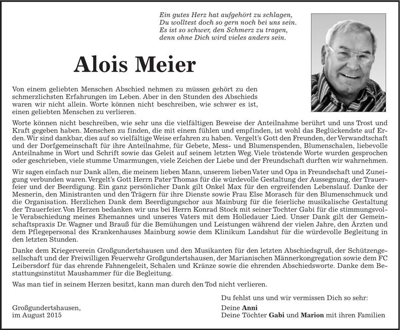 Traueranzeige Alois Meier