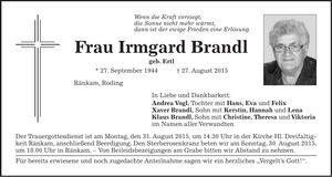 Traueranzeige Irmgard Brandl