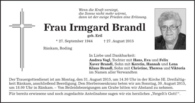 Traueranzeige Irmgard Brandl
