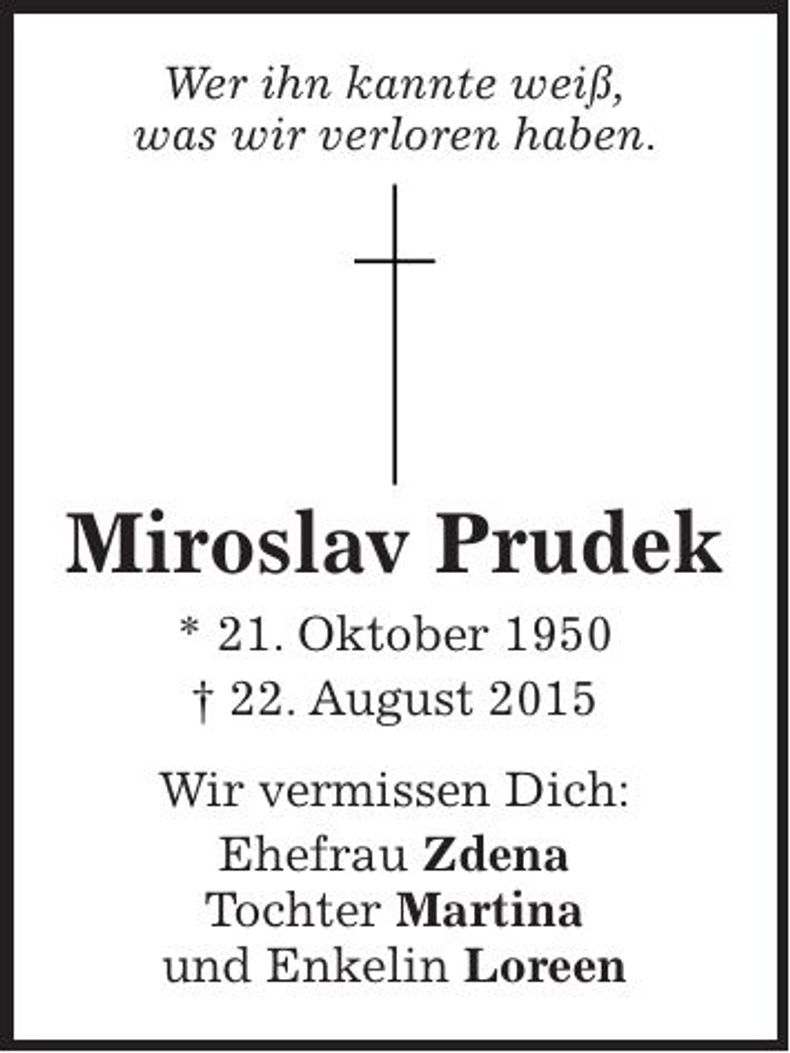 Traueranzeige Miroslav Prudek