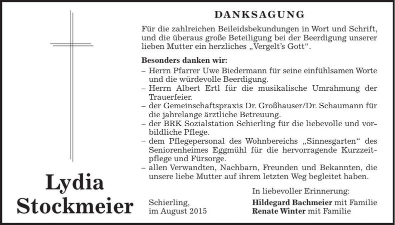 Traueranzeige Lydia Stockmeier