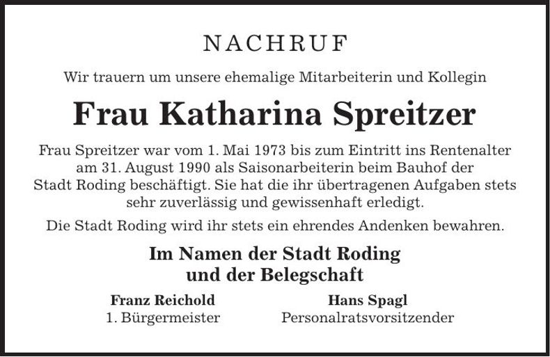 Traueranzeige Katharina Spreitzer