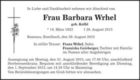 Traueranzeige Barbara Wrhel