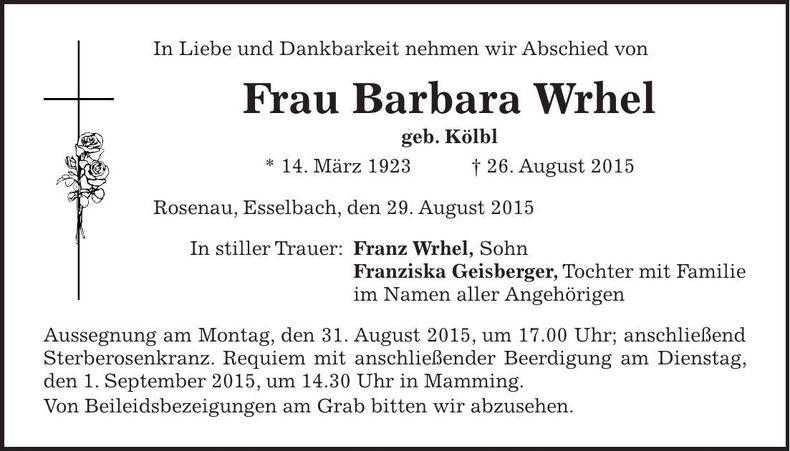 Traueranzeige Barbara Wrhel