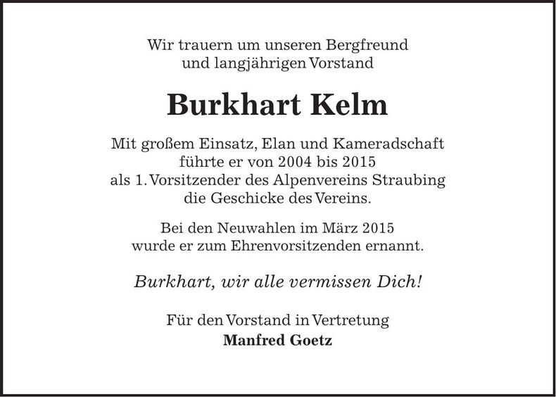 Traueranzeige Burkhart Kelm