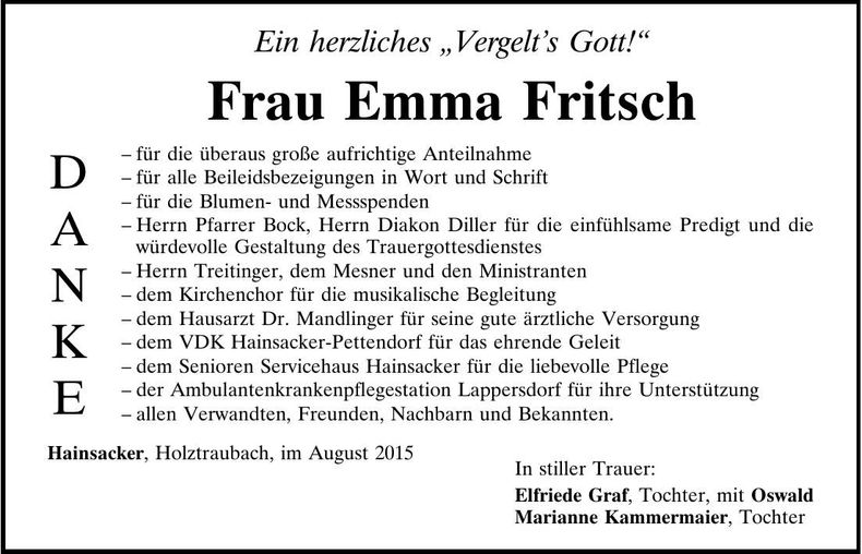 Traueranzeige Emma Fritsch