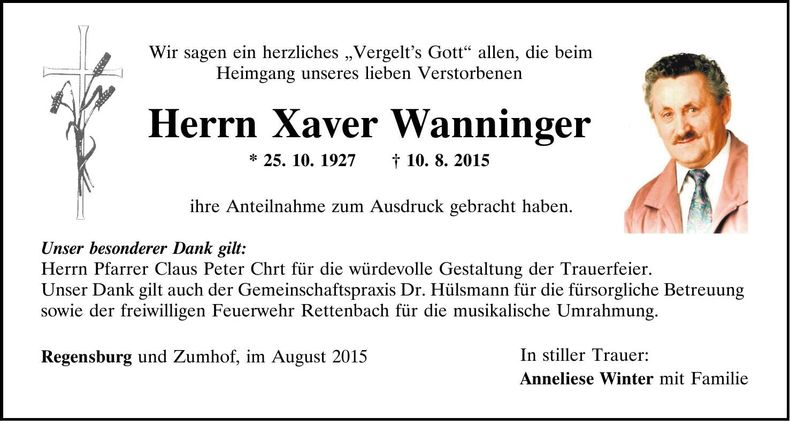 Traueranzeige Xaver Wanninger