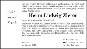 Traueranzeige Ludwig Zierer