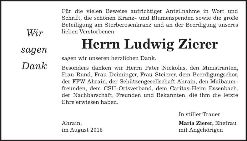 Traueranzeige Ludwig Zierer