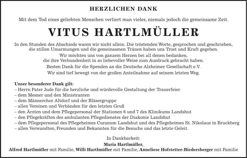 Traueranzeige Vitus Hartlmüller