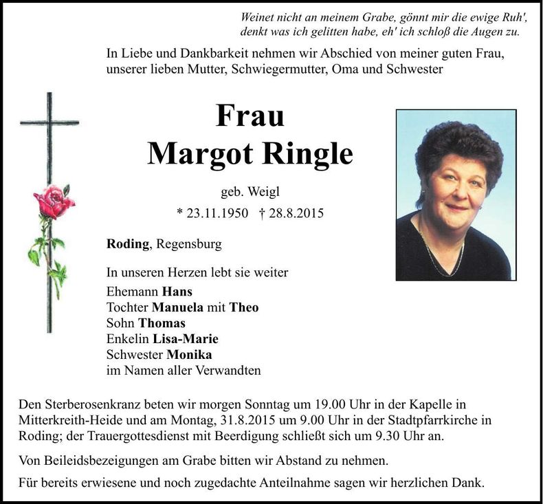 Traueranzeige Margot Ringle