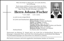 Traueranzeige Johann Fischer