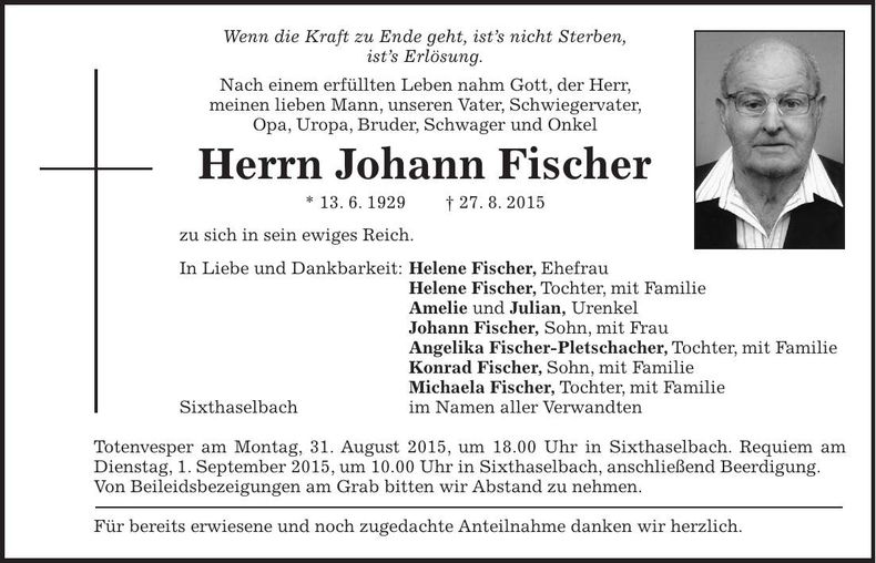Traueranzeige Johann Fischer