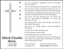 Traueranzeige Alfred Claudiu Klein