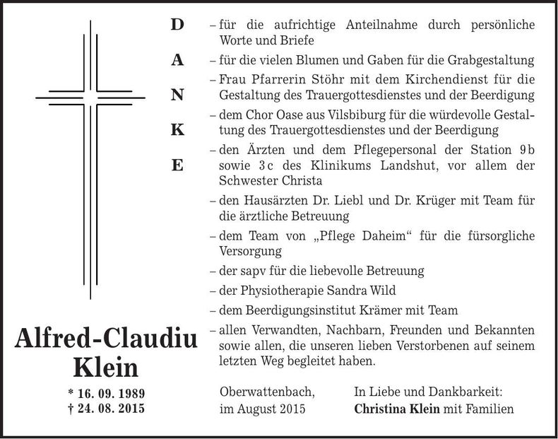 Traueranzeige Alfred Claudiu Klein