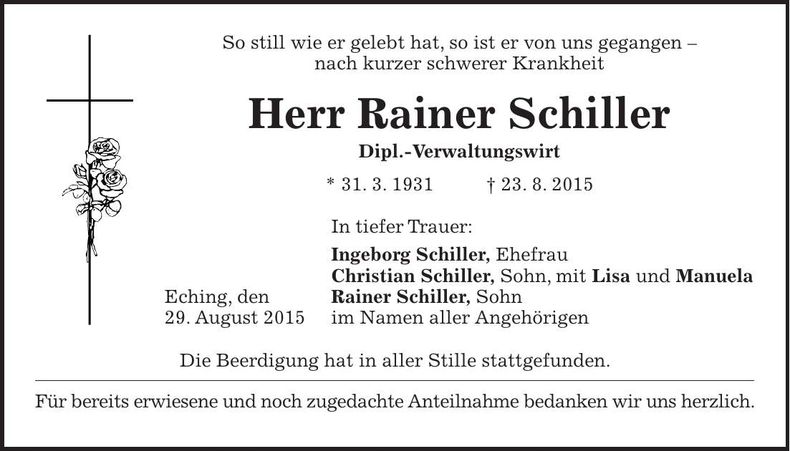 Traueranzeige Rainer Schiller