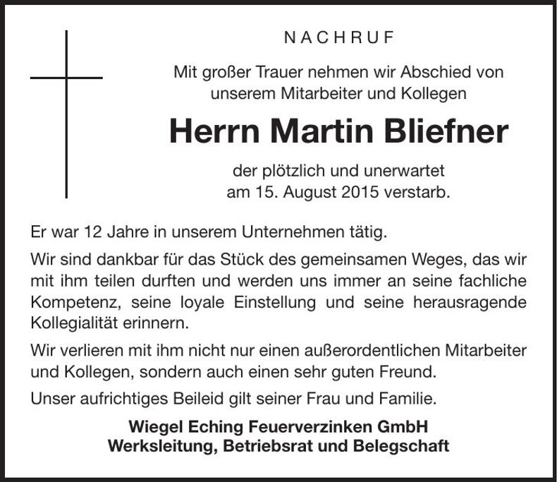 Traueranzeige Martin Bliefner