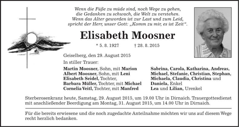 Traueranzeige Elisabeth Moosner