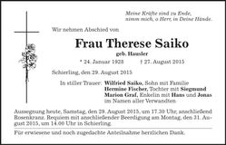 Traueranzeige Therese Saiko