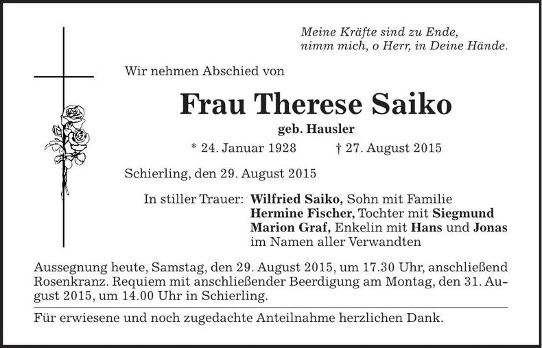 Traueranzeige Therese Saiko