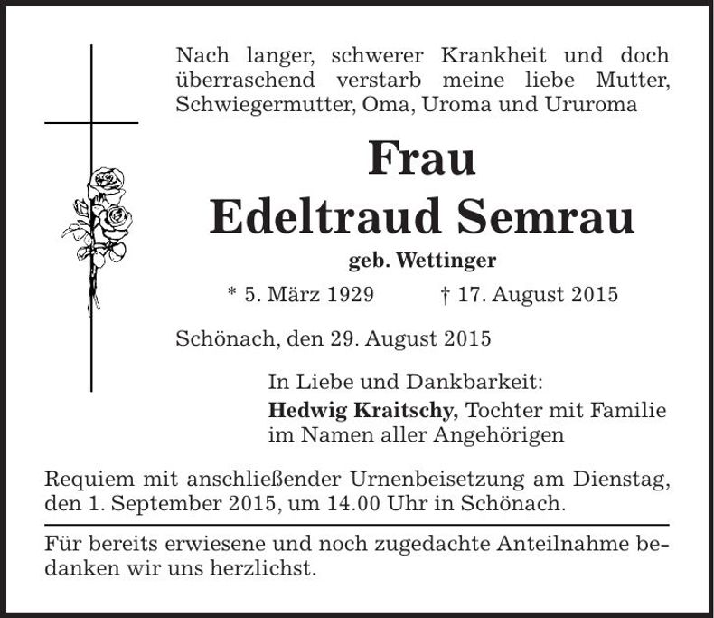 Traueranzeige Edeltraud Semrau