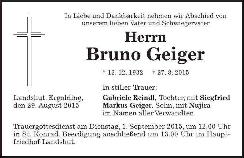 Traueranzeige Bruno Geiger