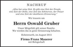 Traueranzeige Oswald Gruber