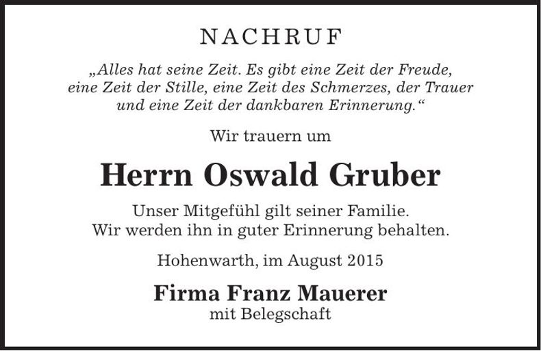 Traueranzeige Oswald Gruber