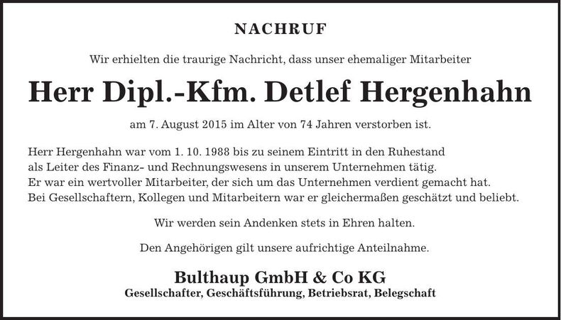 Traueranzeige Detlef Hergenhahn