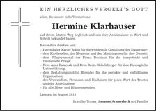 Traueranzeige Hermine Klarhauser