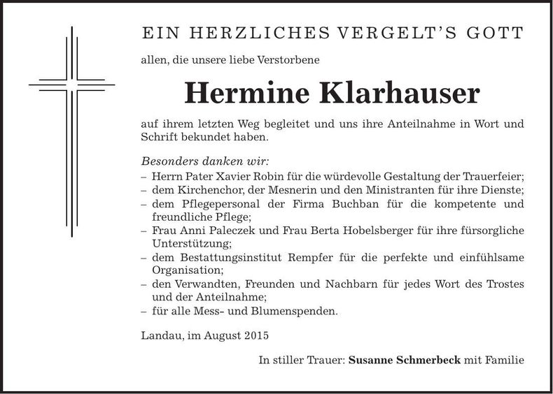 Traueranzeige Hermine Klarhauser