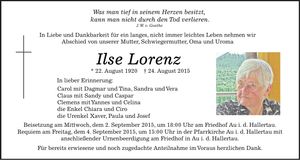 Traueranzeige Ilse Lorenz