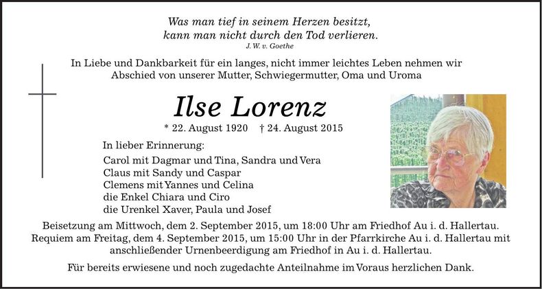 Traueranzeige Ilse Lorenz