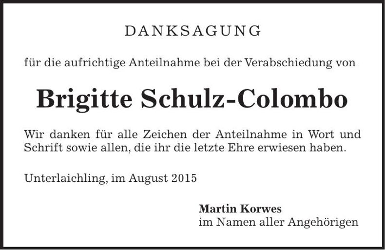 Traueranzeige Brigitte Schul-Colombo