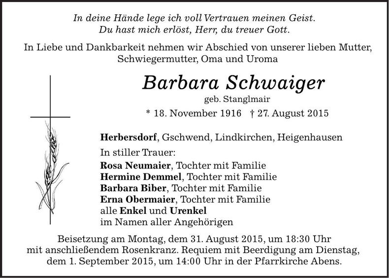 Traueranzeige Barbara Schwaiger