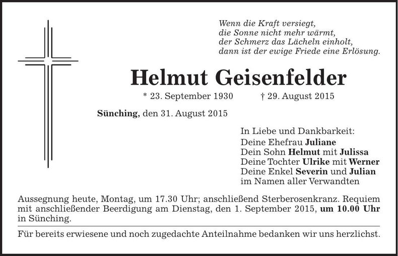 Traueranzeige Helmut Geisenfelder